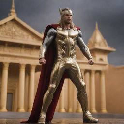 Thor wearing a shiny gold full body suit, standing against the backdrop of a golden palace during a thunderstorm. In his hands is a large, golden Mjolnir.