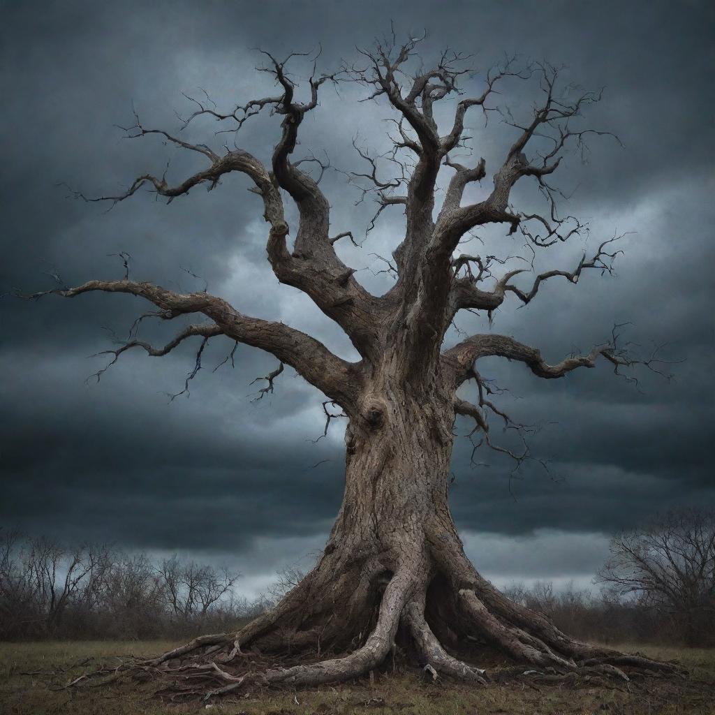 A sinister, haunted tree with gnarled branches, hollow eyes, and a wide, ominous mouth, under a dark and stormy sky.