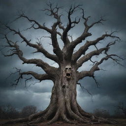 A sinister, haunted tree with gnarled branches, hollow eyes, and a wide, ominous mouth, under a dark and stormy sky.