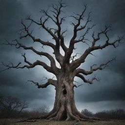 A sinister, haunted tree with gnarled branches, hollow eyes, and a wide, ominous mouth, under a dark and stormy sky.