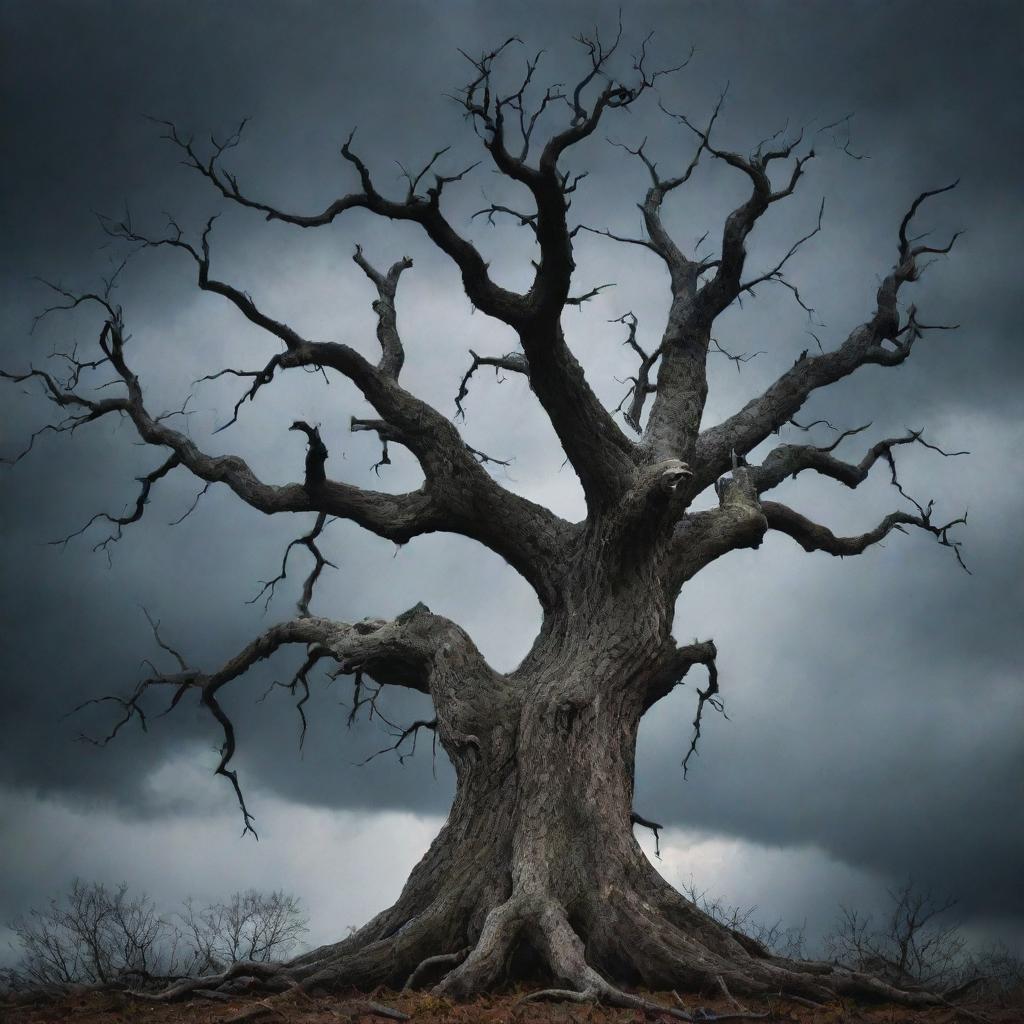 A sinister, haunted tree with gnarled branches, hollow eyes, and a wide, ominous mouth, under a dark and stormy sky.