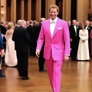The recreant knight wore a bright pink suit to the royal ball, drawing laughter from the entire court.