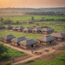 Traditional indian village with mud houses, vibrant festival decorations and bustling local inhabitants, against a backdrop of lush green fields and a serene sunset