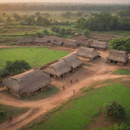 Traditional indian village with mud houses, vibrant festival decorations and bustling local inhabitants, against a backdrop of lush green fields and a serene sunset