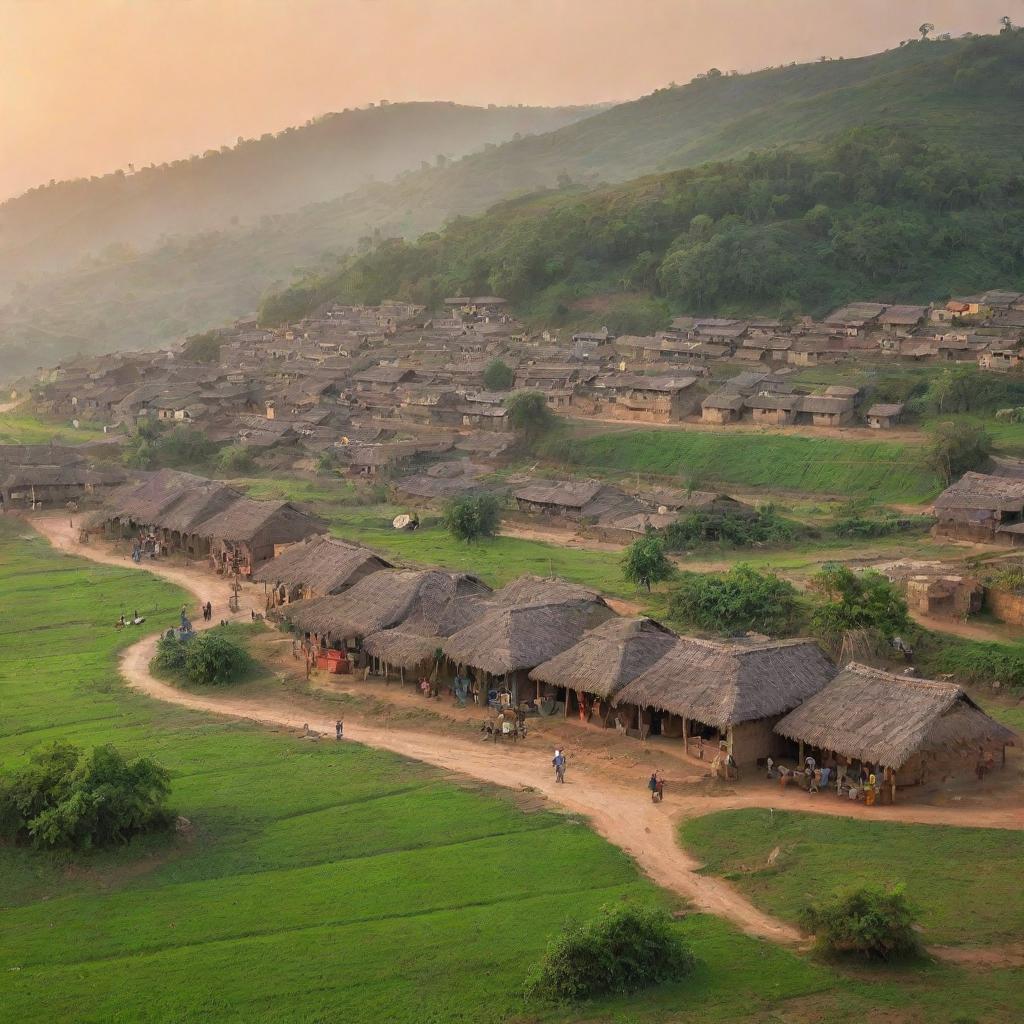 Traditional indian village with mud houses, vibrant festival decorations and bustling local inhabitants, against a backdrop of lush green fields and a serene sunset