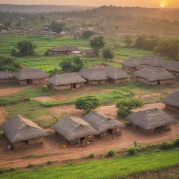 Traditional indian village with mud houses, vibrant festival decorations and bustling local inhabitants, against a backdrop of lush green fields and a serene sunset