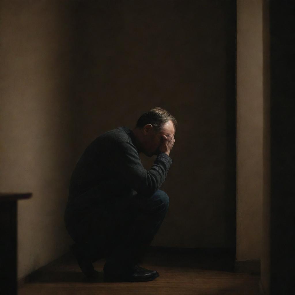 A lone man in a dimly lit room, hunched over and displaying a sad, contemplative expression.