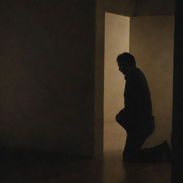 A lone man in a dimly lit room, hunched over and displaying a sad, contemplative expression.