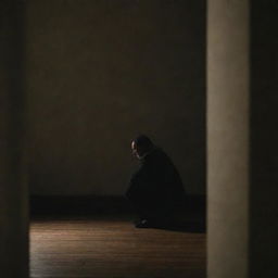 A lone man in a dimly lit room, hunched over and displaying a sad, contemplative expression.