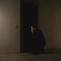 A lone man in a dimly lit room, hunched over and displaying a sad, contemplative expression.