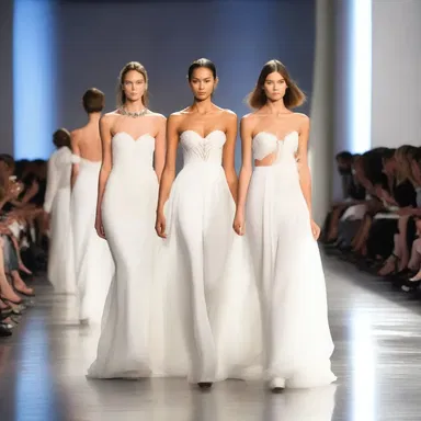 The runway show featured models wearing elegant white dresses inspired by the graceful flight of the snowbird.