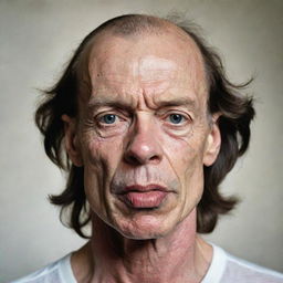 A portrait of Mick Jagger depicted with a fully shaved head.