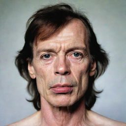 A portrait of Mick Jagger depicted with a fully shaved head.