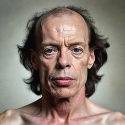 A portrait of Mick Jagger depicted with a fully shaved head.