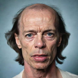 A portrait of Mick Jagger depicted with a fully shaved head.