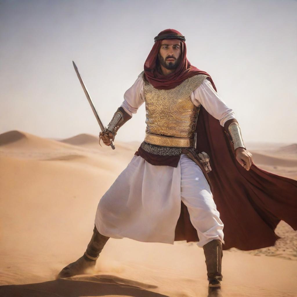 A formidable Arabian warrior brandishing a gleaming sword, engaging in a fierce battle against an oncoming army amidst a desert backdrop.