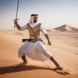 A formidable Arabian warrior brandishing a gleaming sword, engaging in a fierce battle against an oncoming army amidst a desert backdrop.