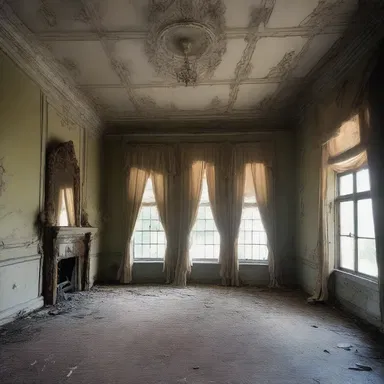 The old mansion was despondently decorated with faded and tattered curtains, reflecting the owner's desperation to maintain its former glory.