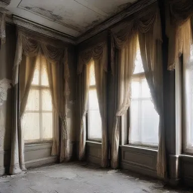 The old mansion was despondently decorated with faded and tattered curtains, reflecting the owner's desperation to maintain its former glory.