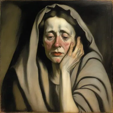 The painting depicted a despondently grieving woman, with a look of despair in her eyes that spoke volumes.