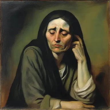 The painting depicted a despondently grieving woman, with a look of despair in her eyes that spoke volumes.