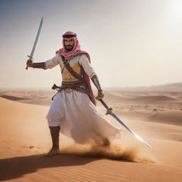 A formidable Arabian warrior brandishing a gleaming sword, engaging in a fierce battle against an oncoming army amidst a desert backdrop.