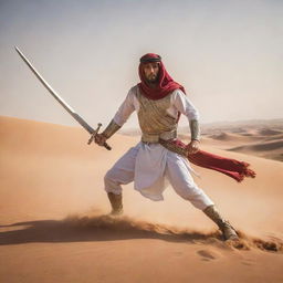 A formidable Arabian warrior brandishing a gleaming sword, engaging in a fierce battle against an oncoming army amidst a desert backdrop.