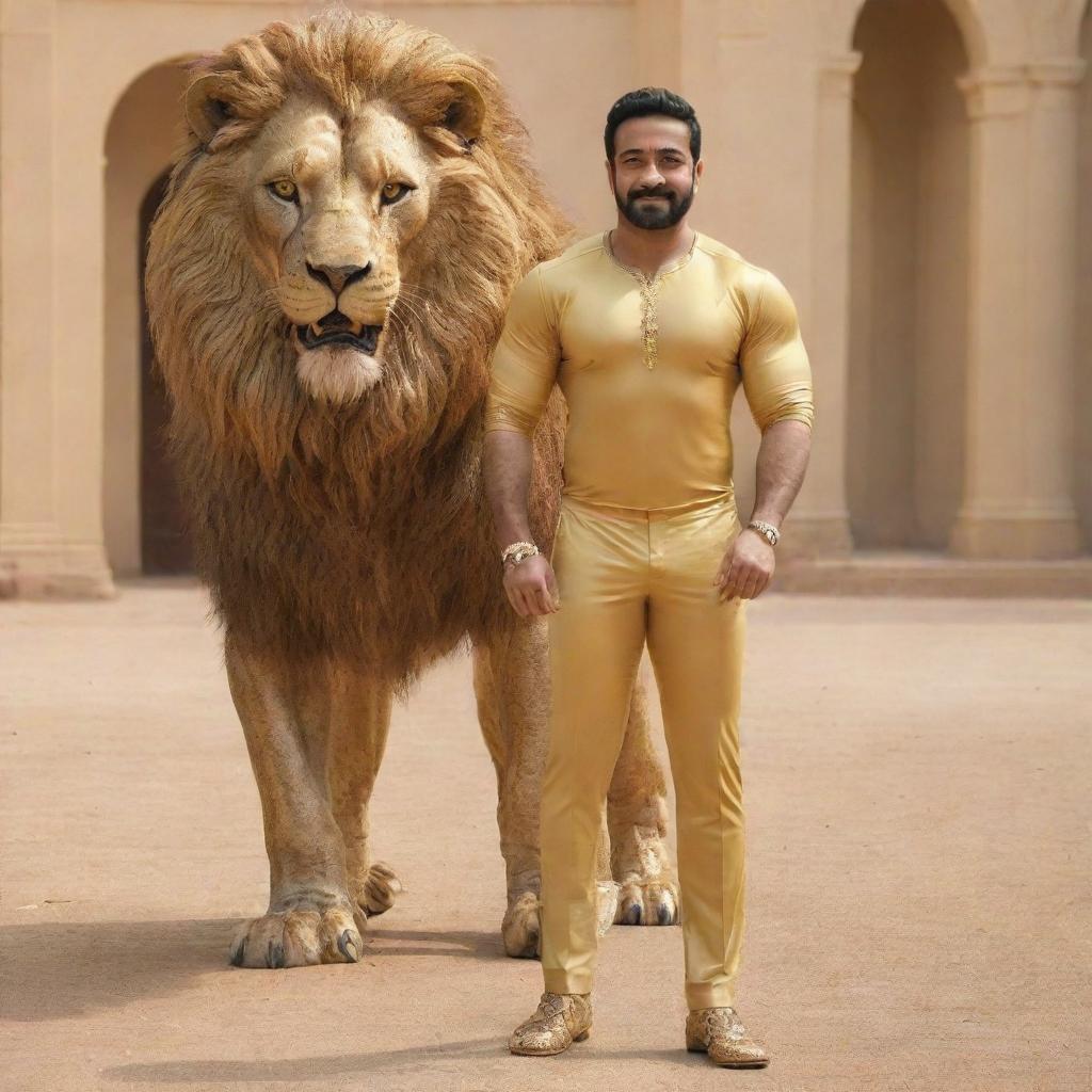 The Indian actor, Junior NTR, is posing with a muscular body, wearing a golden full body suit. He is standing beside a large, majestic golden lion.