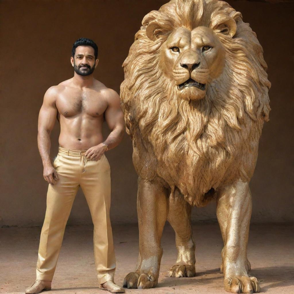 The Indian actor, Junior NTR, is posing with a muscular body, wearing a golden full body suit. He is standing beside a large, majestic golden lion.