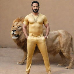 The Indian actor, Junior NTR, is posing with a muscular body, wearing a golden full body suit. He is standing beside a large, majestic golden lion.