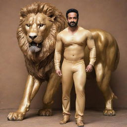 The Indian actor, Junior NTR, is posing with a muscular body, wearing a golden full body suit. He is standing beside a large, majestic golden lion.