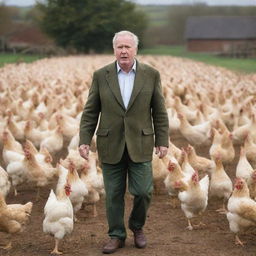 A slightly perplexed man standing in disbelief as an army of determined chickens march towards him on a rural farmyard backdrop.