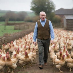 A slightly perplexed man standing in disbelief as an army of determined chickens march towards him on a rural farmyard backdrop.