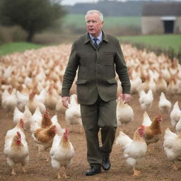 A slightly perplexed man standing in disbelief as an army of determined chickens march towards him on a rural farmyard backdrop.