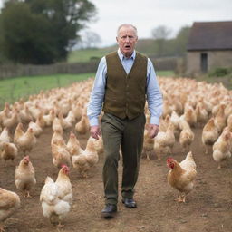 A slightly perplexed man standing in disbelief as an army of determined chickens march towards him on a rural farmyard backdrop.