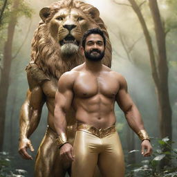 Indian actor, Junior NTR, is shown in a golden Thor-like suit, showcasing a muscular physique. He stands alongside a large lion in a lush forest under a radiant blue sky with the sun shining through.