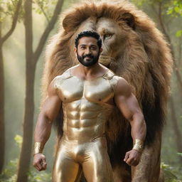 Indian actor, Junior NTR, is shown in a golden Thor-like suit, showcasing a muscular physique. He stands alongside a large lion in a lush forest under a radiant blue sky with the sun shining through.