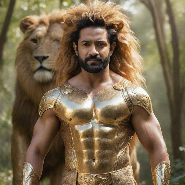 Indian actor, Junior NTR, is shown in a golden Thor-like suit, showcasing a muscular physique. He stands alongside a large lion in a lush forest under a radiant blue sky with the sun shining through.