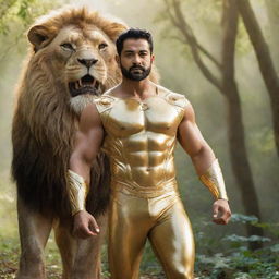 Indian actor, Junior NTR, is shown in a golden Thor-like suit, showcasing a muscular physique. He stands alongside a large lion in a lush forest under a radiant blue sky with the sun shining through.