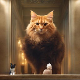 Transform the size of the previously generated cat into an overwhelmingly enormous entity surpassing worldly proportions, creating an awe-inspiring image.