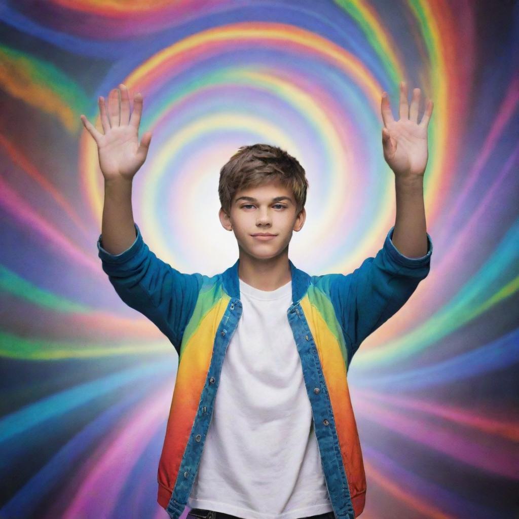 A defiant teenager, hands raised, summoning an array of dazzling, multicolored magical energies that swirl around him.