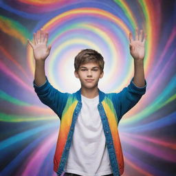 A defiant teenager, hands raised, summoning an array of dazzling, multicolored magical energies that swirl around him.