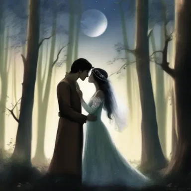 Under the moonlight, the couple shared a kiss in the enchanted woods, feeling the presence of a gentle wood spirit watching over them.