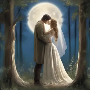 Under the moonlight, the couple shared a kiss in the enchanted woods, feeling the presence of a gentle wood spirit watching over them.