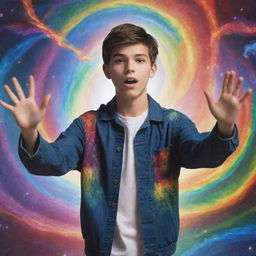 A defiant teenager, hands raised, summoning an array of dazzling, multicolored magical energies that swirl around him.