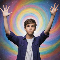 A defiant teenager, hands raised, summoning an array of dazzling, multicolored magical energies that swirl around him.