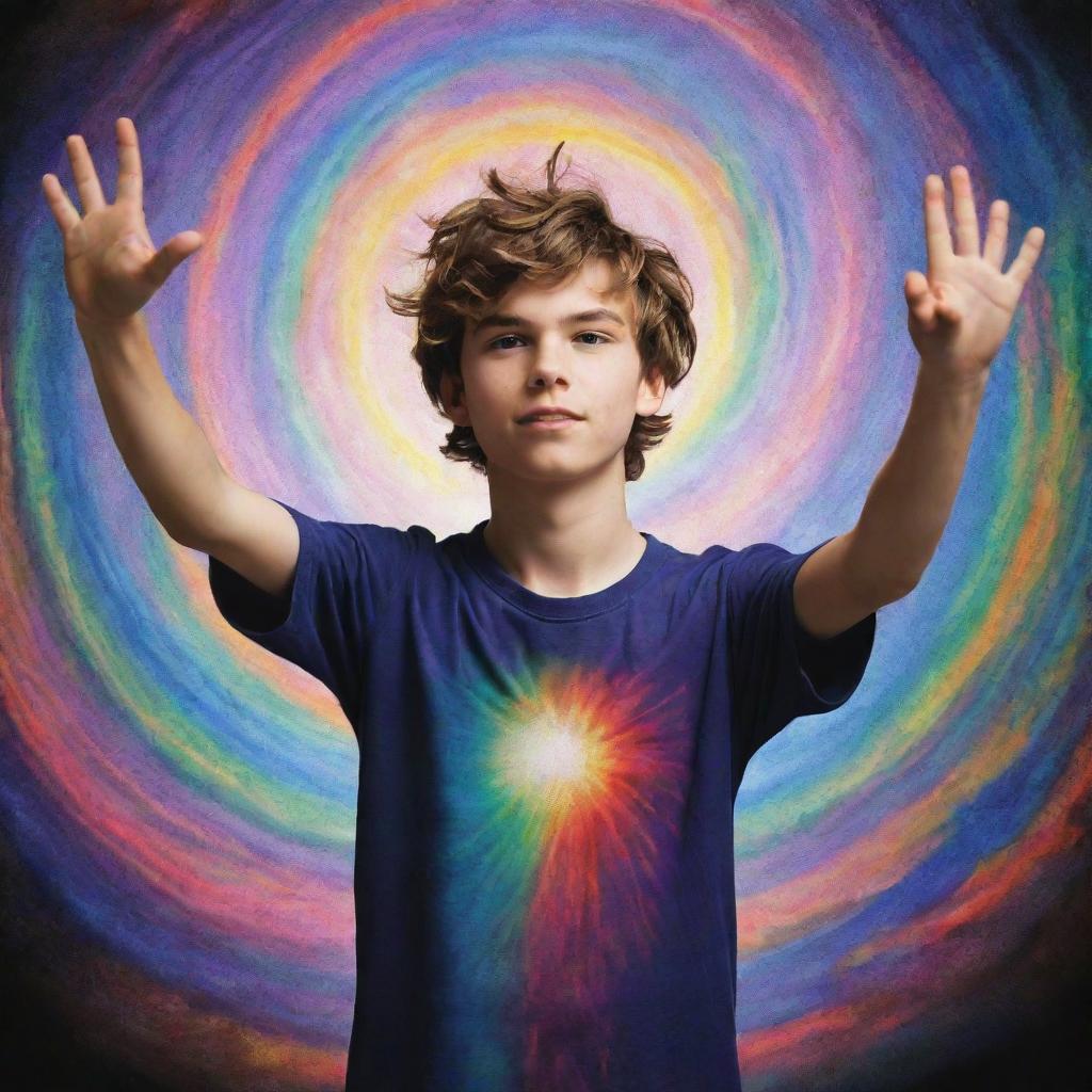 A defiant teenager, hands raised, summoning an array of dazzling, multicolored magical energies that swirl around him.