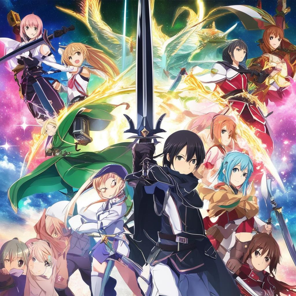 Create a fantasy-styled anime poster, inspired by the animation and theme of Sword Art Online, filled with magical elements, vibrant colors, and compelling character designs.