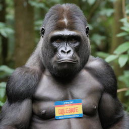 An anthropomorphic gorilla-girl proudly wearing a shiny name tag engraved with 'Queenie'.