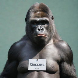 An anthropomorphic gorilla-girl proudly wearing a shiny name tag engraved with 'Queenie'.